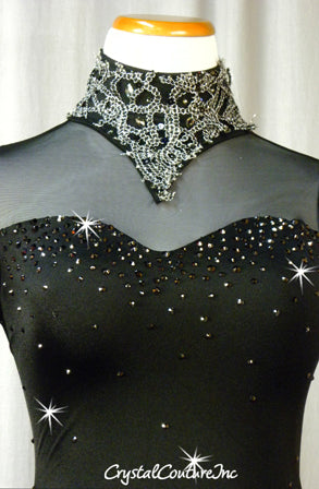 Black Long Sleeve Leotard with Silver Appliques - Swarovski Rhinestones