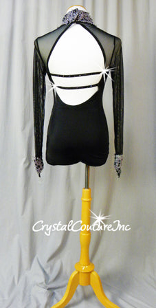 Black Long Sleeve Leotard with Silver Appliques - Swarovski Rhinestones