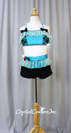 Custom Lt Turquoise and Black Lace Halter Bra-Top and Ruffled Booty Shorts - Swarovski Rhinestones