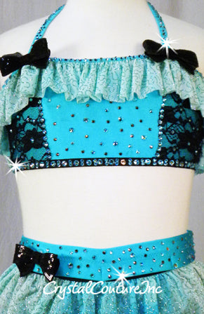 Custom Lt Turquoise and Black Lace Halter Bra-Top and Ruffled Booty Shorts - Swarovski Rhinestones