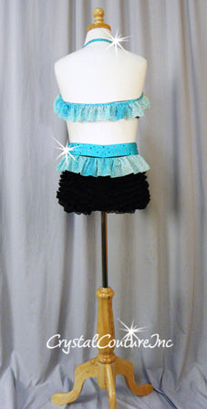 Custom Lt Turquoise and Black Lace Halter Bra-Top and Ruffled Booty Shorts - Swarovski Rhinestones