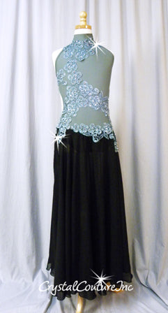 Gray and Black Leotard with Long Chiffon Skirt - Rhinestones