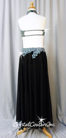 Gray and Black Leotard with Long Chiffon Skirt - Rhinestones