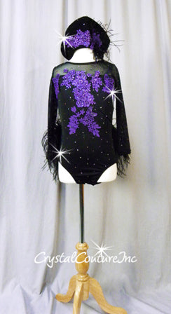 BlackPurple Long Sleeve Leotard with Purple Appliques and Feather Bustle - Swarovski Rhinestones
