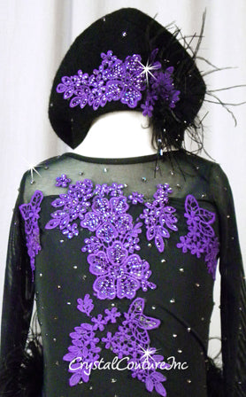 BlackPurple Long Sleeve Leotard with Purple Appliques and Feather Bustle - Swarovski Rhinestones