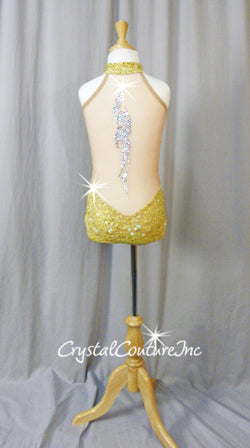 Yellow/Nude High-Neck Floral Lace Leotard with Mesh Back - Swarovski Rhinestones