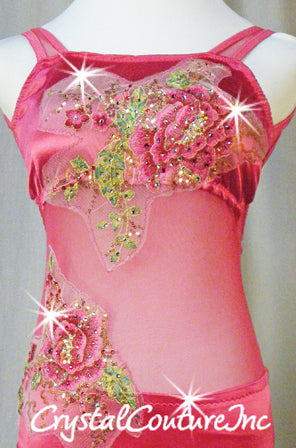 Custom Pink Lycra and Sheer Mesh Leotard with Floral Appliques - Swarovski Rhinestones