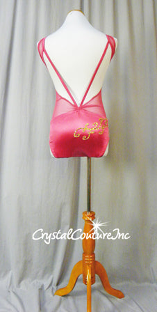 Custom Pink Lycra and Sheer Mesh Leotard with Floral Appliques - Swarovski Rhinestones