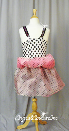 Pink/Black/White Polka Dot Leotard with Chiffon Bustle - Swarovski Rhinestones