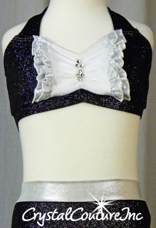 Shimmery Black 2 Piece Halter Top & Trunks/Split Back Skirt - Swarovksi Rhinestones