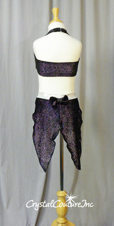 Shimmery Black 2 Piece Halter Top & Trunks/Split Back Skirt - Swarovksi Rhinestones