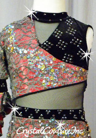 Silver Sequin Mesh 3/4 Sleeve Leotard Lined with Red - Back Asymmetrical Skirt - Swarovski Rhinestones