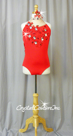 Red Mock Neck Leotard with Embroidered Appliques - Swarovski Sew-On Stones