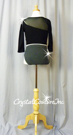 Black 2 Piece Crop Top and Trunks with White Embroidered Appliques