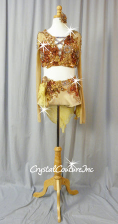 Custom Nude, Copper & Gold Long Sleeve & Booty Shorts/Chiffon Skirt - Swarovski Rhinestones