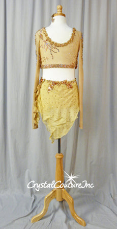 Custom Nude, Copper & Gold Long Sleeve & Booty Shorts/Chiffon Skirt - Swarovski Rhinestones