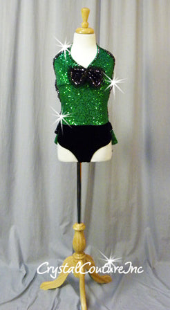 Green Zsa Zsa Sequin and Black Velour Leotard/Ruffle Half Skirt - Swarovski Rhinestones