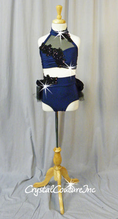 Navy Blue & Black Crop Top & Trunks/Bustle & Appliques - Swarovski Rhinestones