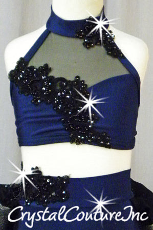 Navy Blue & Black Crop Top & Trunks/Bustle & Appliques - Swarovski Rhinestones