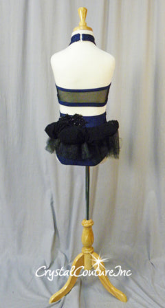 Navy Blue & Black Crop Top & Trunks/Bustle & Appliques - Swarovski Rhinestones