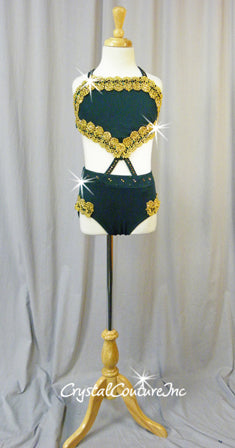 Dark Green Crop Top and Trunks w/ Mesh Back & Gold Trim - Swarovski Rhinestones