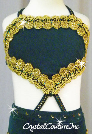 Dark Green Crop Top and Trunks w/ Mesh Back & Gold Trim - Swarovski Rhinestones