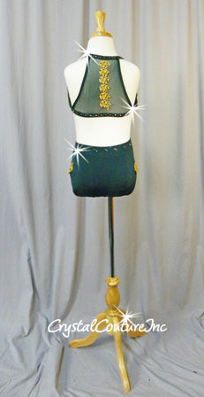 Dark Green Crop Top and Trunks w/ Mesh Back & Gold Trim - Swarovski Rhinestones