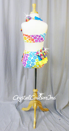 Multi-Colored Flower Printed 2 Piece Halter Top and Trunks - Swarovski Rhinestones