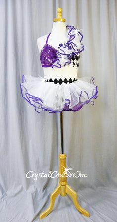 Custom Purple with White/Black 3 Piece Halter Top, Booty Shorts, and Tulle Skirt - Swarovski Rhinestones Custom Purple with White/Black 3 Piece Halter Top, Booty Shorts, and Tulle Skirt - Swarovski Rhinestones