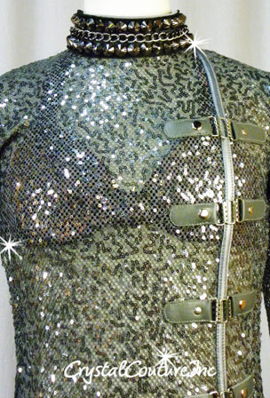 Graphite Open Net/Sequin Long Sleeve Leotard with Metal Buckles and Chains