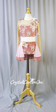 Dusty Pink, Lt Pink ad Nude Top and Trunks/Back Skirt with Embroidered Appliques - Rhinestones
