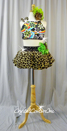 Flower/Cheetah Print 2 Piece Crop Top and Trunks/Skirt - Swarovski Rhinestones