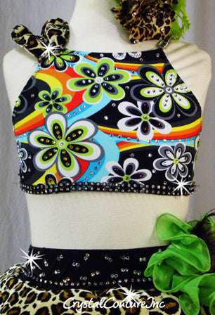 Flower/Cheetah Print 2 Piece Crop Top and Trunks/Skirt - Swarovski Rhinestones