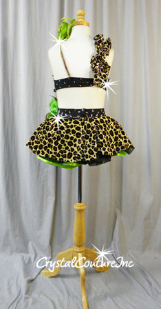 Flower/Cheetah Print 2 Piece Crop Top and Trunks/Skirt - Swarovski Rhinestones