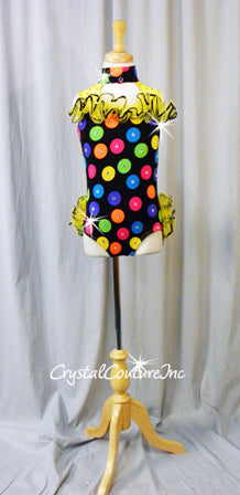 Black/Vibrant Polka Dot Leotard with Yellow Ruffles - Swarovski Rhinestones