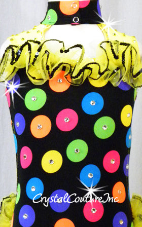 Black/Vibrant Polka Dot Leotard with Yellow Ruffles - Swarovski Rhinestones
