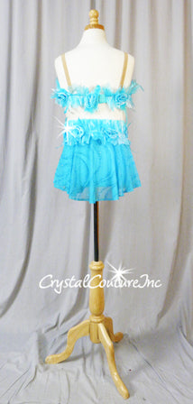 Lt Turquoise Blue 2 Piece Top and High -Waist Booty Shorts with Sheer Back Skirt