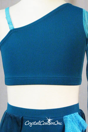 Dark Teal Blue 2 Piece Asymmetrical Top and Booty Shorts/Chiffon Skirt