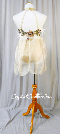 Custom Nude Lace and Chiffon Mock-Neck Fly-Away Top with Trunks - Swarovski Rhinestones