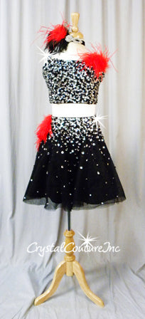 Black 2 Piece Crop Top and Full Skirt with Beading, Sequins and Acrylic Shapes