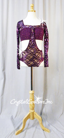 Purple Floral Sequin Lace Connected Long Sleeve Top and Trunks - Swarovski Rhinestones