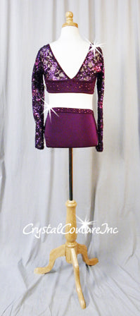 Purple Floral Sequin Lace Connected Long Sleeve Top and Trunks - Swarovski Rhinestones
