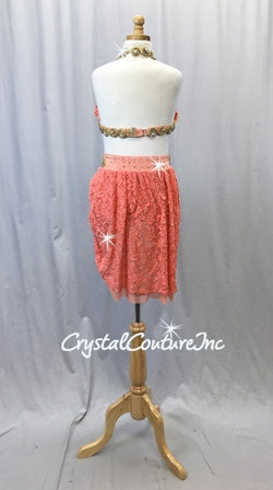 Coral/Orange 2 Piece Bra Top and High-Low Skirt/Trunks - Swarovski Rhinestones
