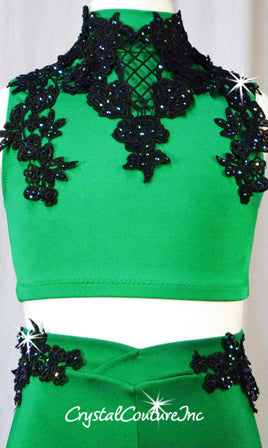 Custom Green 2 Piece Top and Booty Shorts w/Black Appliques - Swarovski Rhinestones