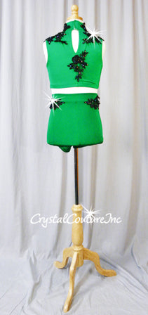 Custom Green 2 Piece Top and Booty Shorts w/Black Appliques - Swarovski Rhinestones