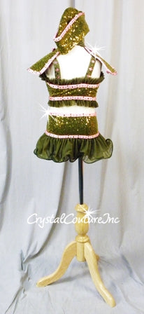 Olive Green 2 Piece Top and skirt/Brief with Lt Pink Trim - Swarovski Rhinestones