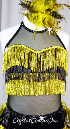 Black Sheer Mesh/Lycra Leotard with Yellow and Black Dangling Fringe and Feathers - Swarovski Rhinestones