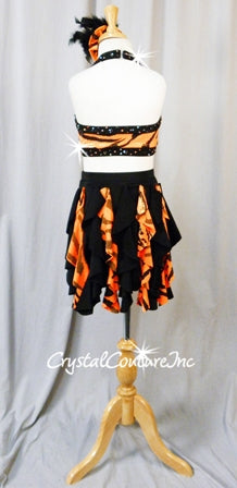 Black and Orange Animal Stripe 2Pc Halter Top and Brief/Back Tendril Skirt - Swarovski Rhinestones