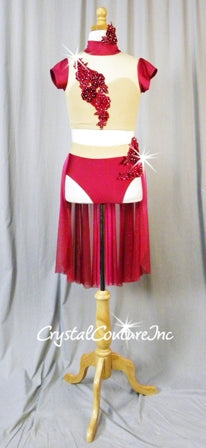 Magenta and  Nude Top & Trunks with Sheer Mesh Back Skirt - Swarovski Rhinestones