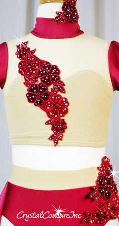 Magenta and  Nude Top & Trunks with Sheer Mesh Back Skirt - Swarovski Rhinestones